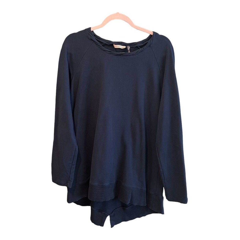Soft Surroundings Long Sleeve Scoop Neck Navy Blue Knit Top Long Tee Tunic